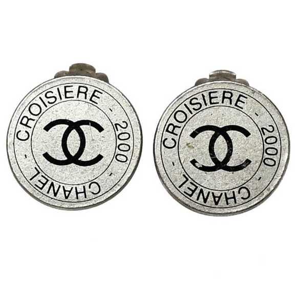 CHANEL Earrings Silver Black CROISIERE Metal 00 C Coco Mark Round Plate Accessor - Picture 1 of 8